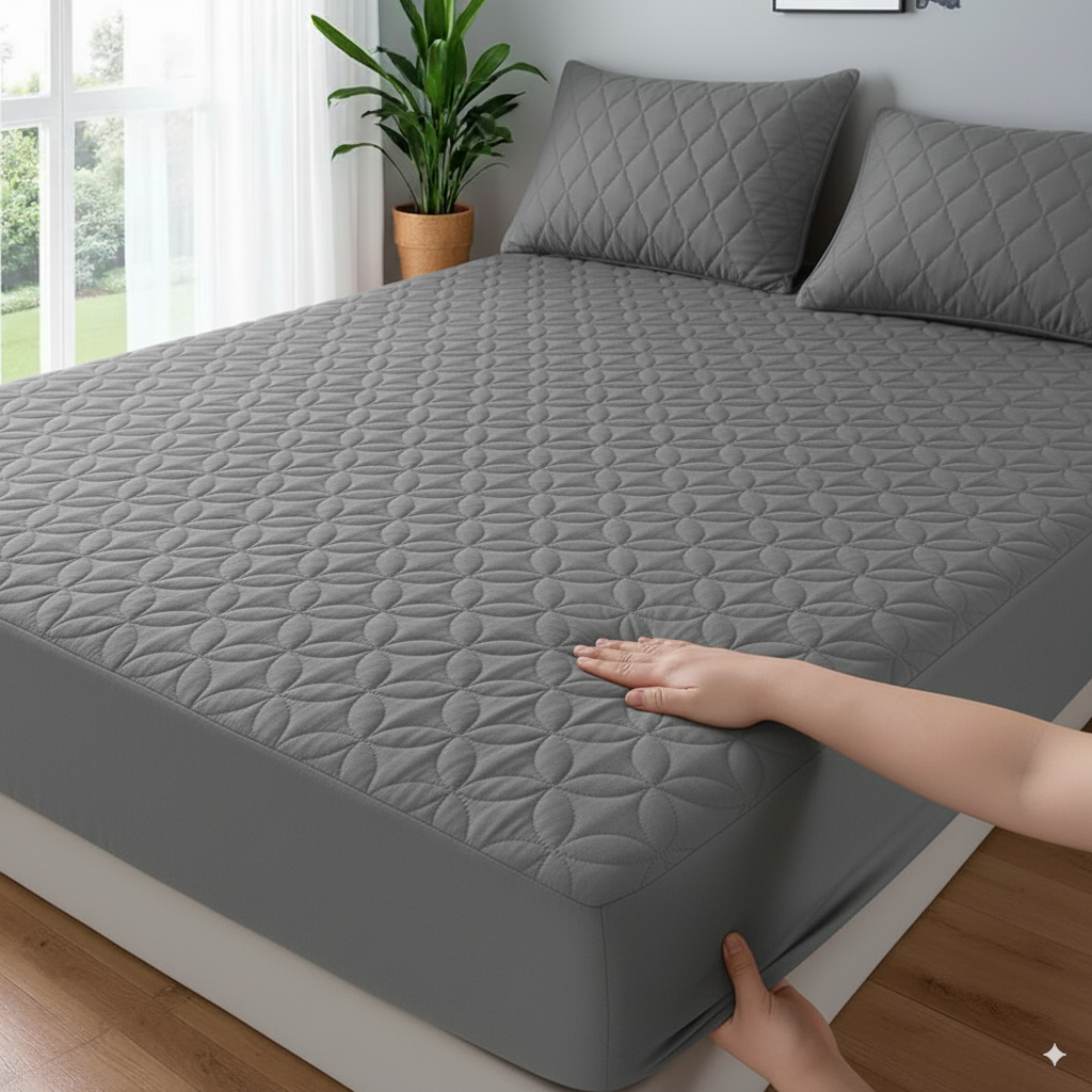 100% Waterproof Quilted Fitted Mattress Protector- Light Grey